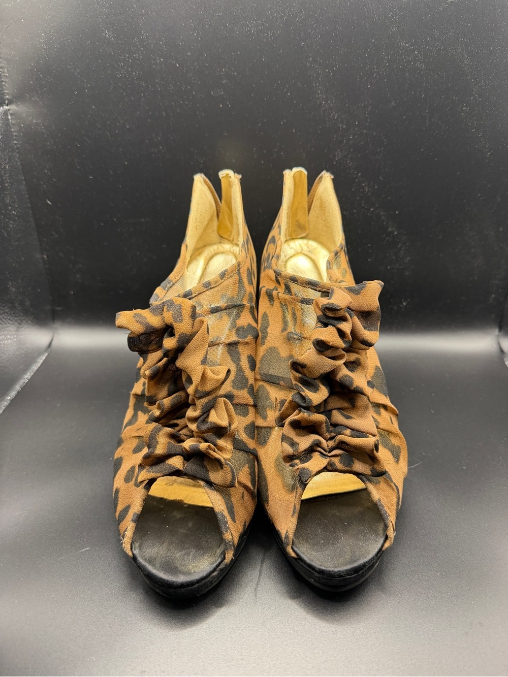 Leopard Print Ruffle Peep-Toe Heels - Brown